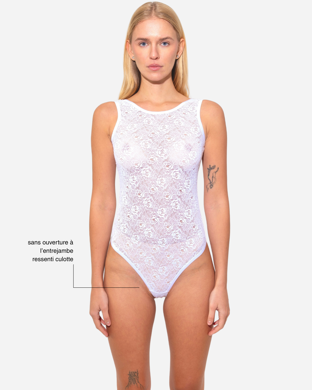 Tentation. White Marcel lace bodysuit. Tank top. Plunging back neckline.