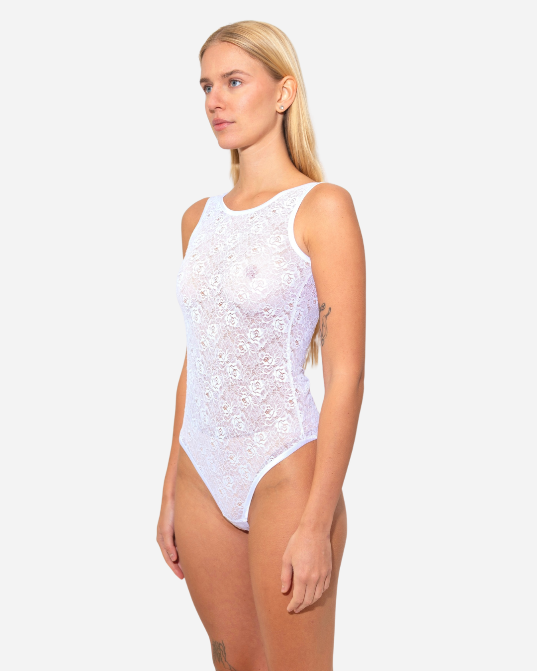 Tentation. White Marcel lace bodysuit. Tank top. Plunging back neckline.